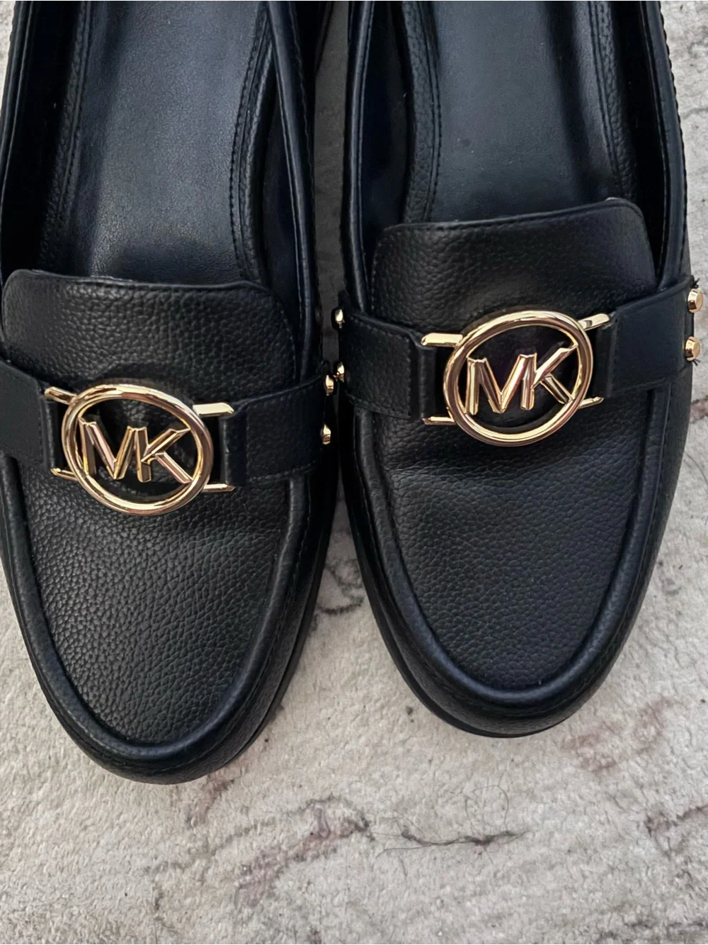Michael Kors Black Leather Loafers with Gold MK Emblem
